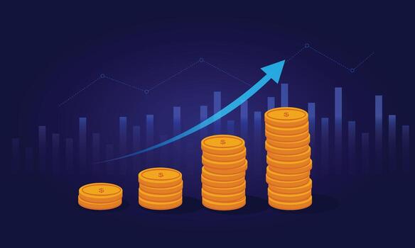 Stack of golden coins with upward arrow and economic chart background vector