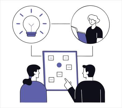 Team brainstorming session developing new ideas and strategies on a whiteboard presentation vector