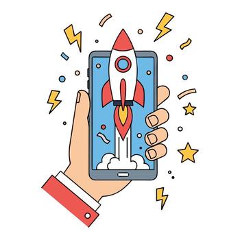 mano participación teléfono inteligente lanzamiento cohete representando móvil aplicación puesta en marcha y innovación vector