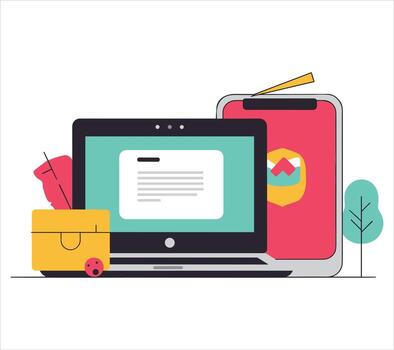 Digital workspace setup with laptop phone and a refreshing drink for productivity vector