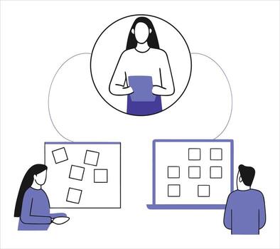 Diverse team collaborates on project planning with whiteboards and digital displays vector