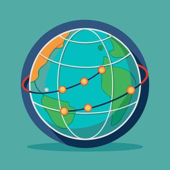 Globe with a path line indicating a route around the world. Flat illustration. vector