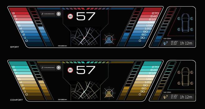 Digital dashboard displaying speed and performance metrics in a modern vehicle during a drive vector