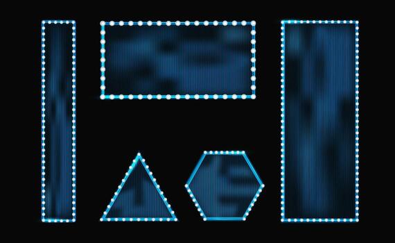 Various geometric shapes including a triangle, rectangle, and hexagon are illuminated by blue lights against a dark background, creating an eye-catching visual display. vector