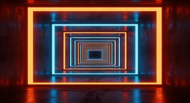 Infinite neon square tunnel abstract futuristic glow geometric design repeating pattern digital art photo