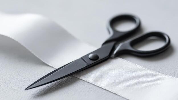Scissors On White Ribbon Ready For Ceremonial Ribbon Cutting. Symbol Of Inauguration And New Beginnings photo