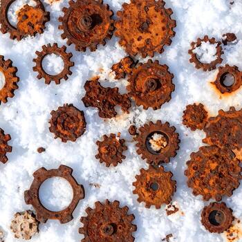 Scattered remnants of rusty metal gears on a white surface creating abstract patterns and textures photo