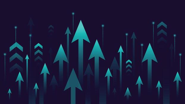 Abstract dark background with glowing upward arrows in blue tones, perfect for symbolizing growth, progress, business success, innovation, and futuristic digital themes. vector