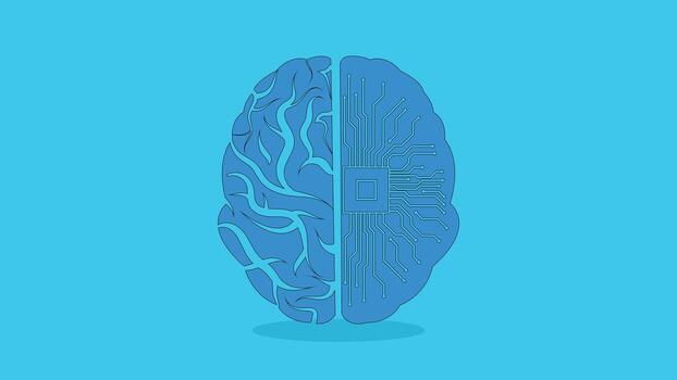 Abstract blue brain illustration showing half organic pattern and half digital circuit design, ideal for technology, artificial intelligence, science, and innovation projects. vector