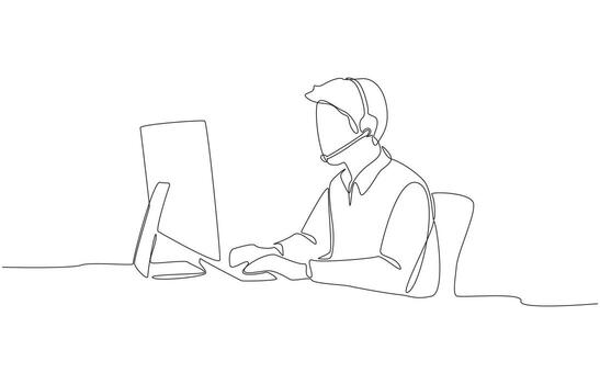 Continuous one line drawing of professional support agent working at desk with computer and headset, symbolizing communication and customer service, single line art. vector
