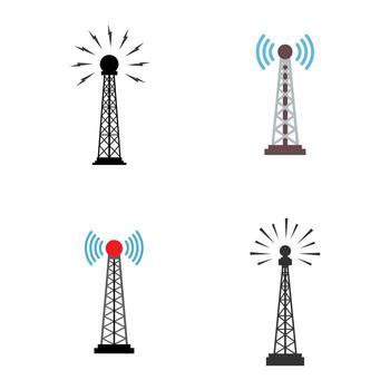 Four icons of communication towers with signal waves and lightning communication tower vector