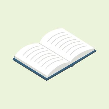 An isometric illustration of an open book with blank pages filled with thin lines. Suitable for education, reading, writing, learning, school, literacy, academics, and study themes. vector