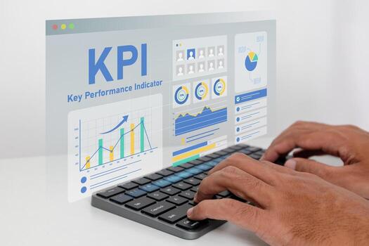 Businessman using KPI dashboard to analyze key performance indicators with various graphs and charts photo