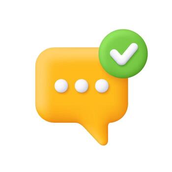 amarillo habla burbuja con verde cheque marca. comunicación, aprobado mensajes, mensajería aplicaciones, cliente servicio, chatbots y seguro comunicación concepto. 3d icono. dibujos animados mínimo estilo. vector