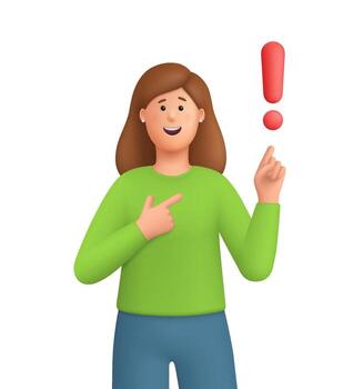 Young smiling woman Kate pointing at a large red exclamation mark. Idea, attention, warning, alert, information and caution messages. 3d people character. Cartoon minimal style. vector