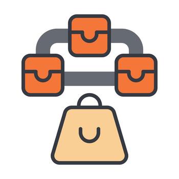 Order batching icon with grouped delivery bags linked to one customer, flat outline symbol for logistics efficiency, multi order management, and food delivery optimization in apps. vector