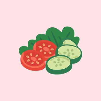 Illustration of sliced tomatoes, cucumbers and fresh green leaves in simple flat design style on a pink background vector