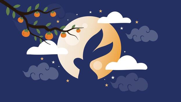 Chuseok moon with clouds persimmon tree and night sky design vector