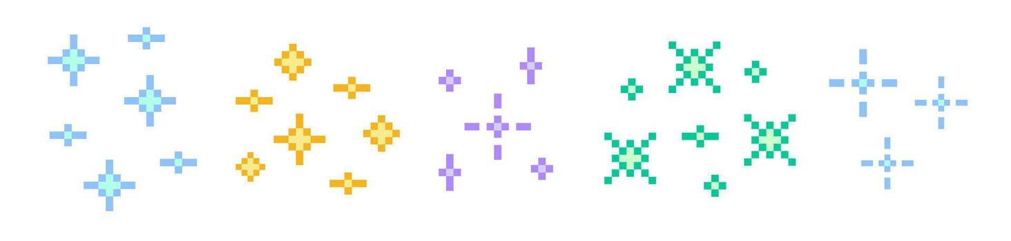 Pixel star colorful retro 8 bit sparkle set. Shiny game pixel art effect set. Glitter pixel art icon pack with sparkles vector