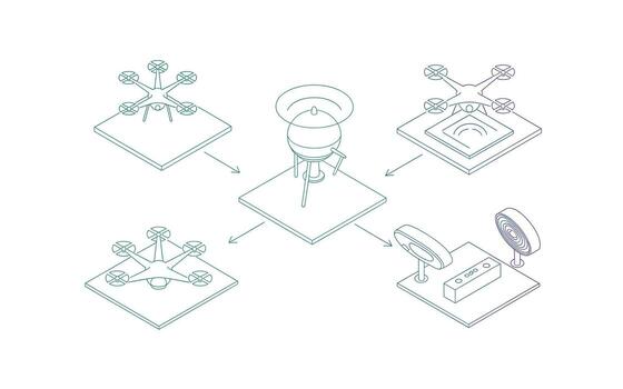 Isometric Drone Technology Network Representing the Connection Between Central System, Drones, and Remote Controls in Linear Design with Green and Blue Gradient vector