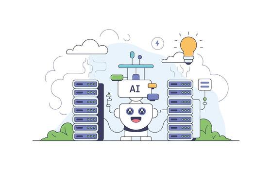 Cartoon AI Robot with Data Servers Generating Ideas Artificial Intelligence, Machine Learning, and Cloud Computing Concept in a Modern and Minimalistic Style vector