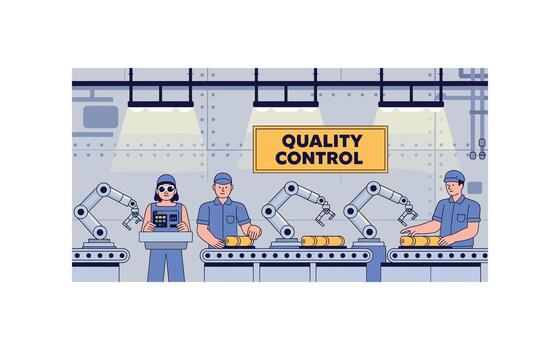 Quality Control in Modern Factory Automated Production with Robotic Arms, Human Supervision, and Conveyor Belt Systems for Efficient Manufacturing Processes vector