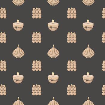 Seamless pattern with decorative candles in bubble, shell, and round shapes on a dark background. Elegant, cozy design perfect for home decor and textile prints. vector