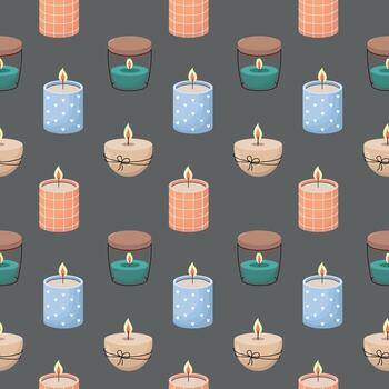 Seamless pattern featuring assorted lit candles in glass jars and ceramic holders with heart and grid designs, set against a dark gray background vector