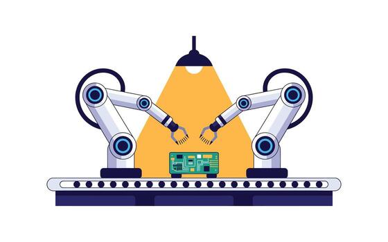 Automated Manufacturing Process Robot Arms Assembling Circuit Board on Conveyor Belt Under Bright Light for Efficiency and Precision in Industrial Production vector