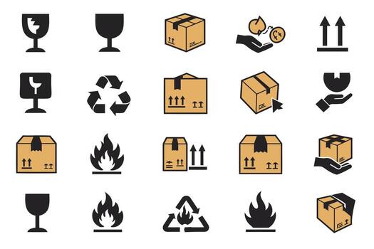 Essential shipping icons fragile, fire, recycle, handling, and directional arrows for logistics vector