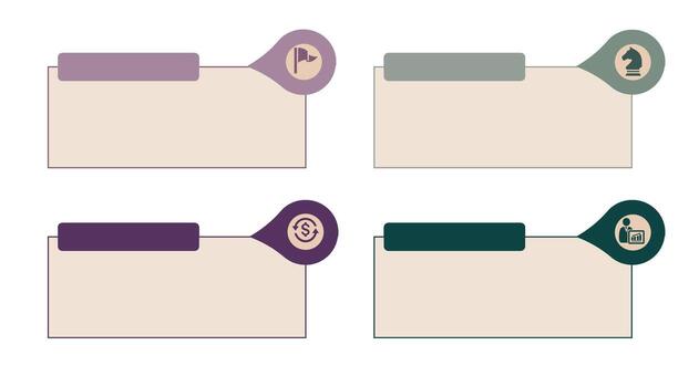 Business infographic with four text boxes and icons such as dollar, chess knight, analyst chart, and flag. Ideal for strategy, finance, analysis, and goal-setting presentations. vector