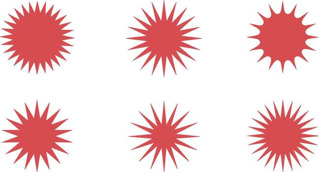 Six Red Starburst Shapes with Sharp Points on a White Background Keywords starburst, red, shape, graphic, design, element, star, burst, explosion, sun, ray, point, sharp, jagged, isolated, white vector