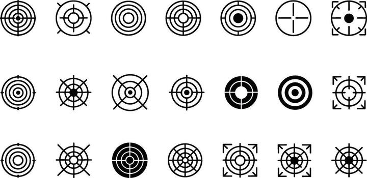 Collection of Target and Aim Icons in Black and White Keywords target, aim, goal, focus, objective, bullseye, crosshair, reticle, scope, sight, icon, set, collection, graphic, design, element vector