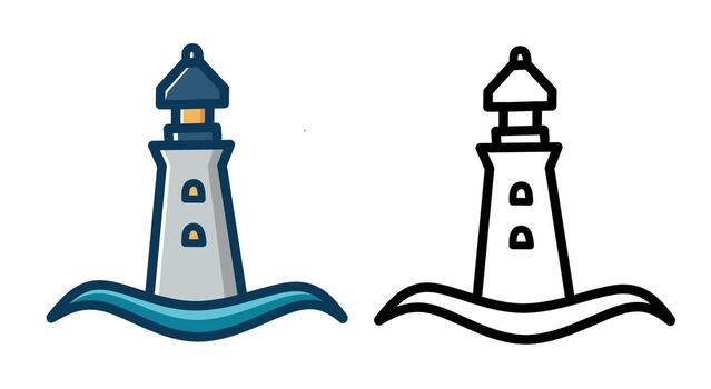 A lighthouse icon with two design variations in colored and outline styles representing coastal navigation, sea safety, marine signal, and nautical graphic resource vector