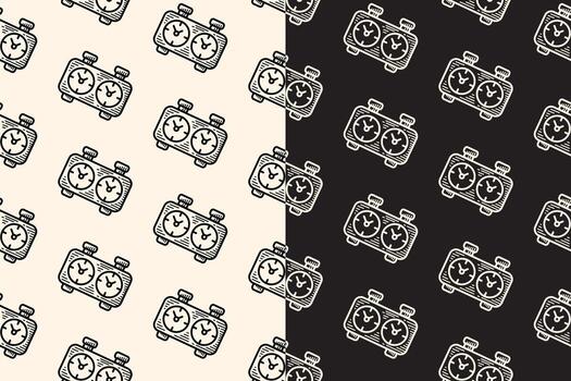 Chess clock engraving seamless pattern on black beige background. Timer chess game hand drawn doodle pattern background. Chess timer figure hatching motif wallpaper. Board game merchandise vector