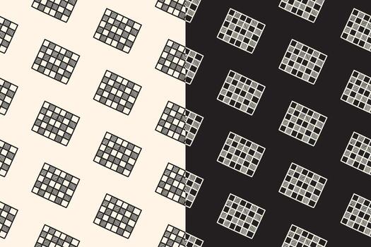 Chessboard engraving seamless pattern on black beige background. Chess board game hand drawn doodle pattern background. Classic chessboard hatching motif wallpaper. Chessboard game merchandise vector