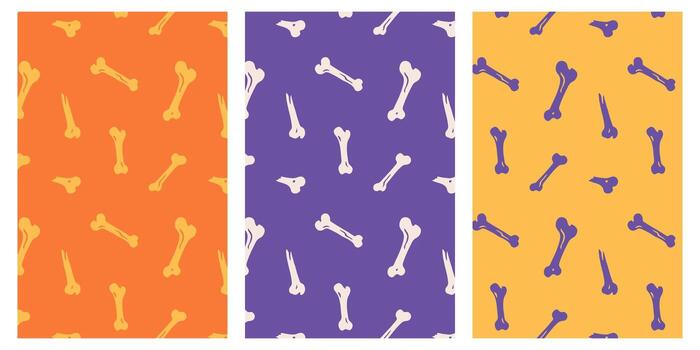 Seamless bone pattern set for Halloween. Creepy skeleton bones repeat background in festive spooky design. vector