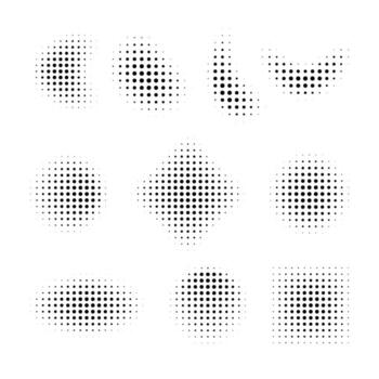 Halftone gradient shapes set. Abstract dotted circles, squares, and geometric elements for modern design and decoration. vector