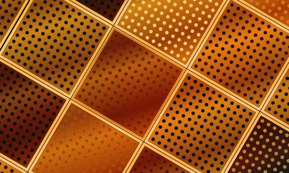 Abstract geometric background featuring a pattern of diagonal brown gold squares filled with evenly spaced polka dots. gold metal background. vector