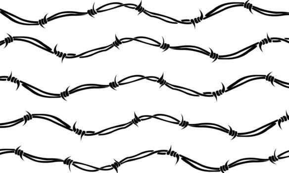 Seamless barbed wire pattern with twisted strands and sharp barbs, presented in black on a white background. vector