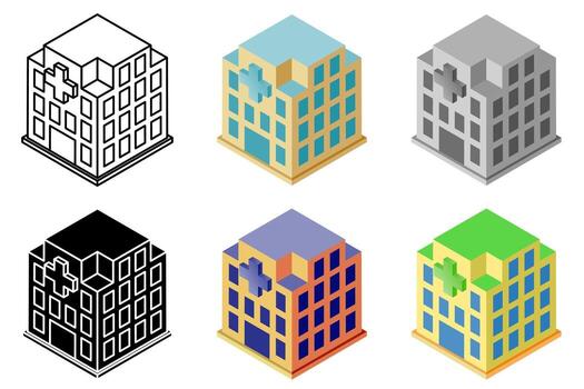 isometric hospital icon illustration set with different styles as outline, filled, gray and color variations. vector