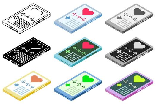 Isometric smartphone with health caring mobile app. Health beatrate tracking mobile application on smartphone's screen. Different variations and colors. vector