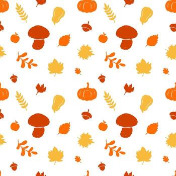 Seamless autumn pattern with hand drawn leaves, mushrooms, and fruit. Fall season background with a simple texture for wallpaper, wrapping paper, or fabric design vector