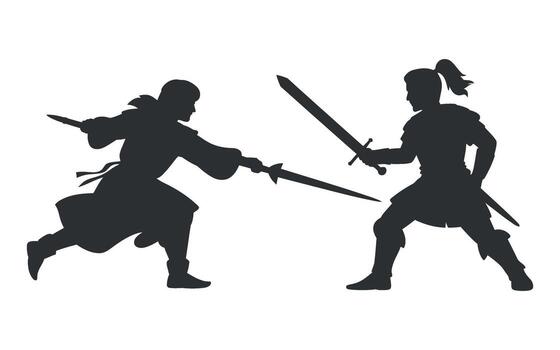 Dynamic Duel A Silhouette Illustration of Two Warriors Engaged in Sword Combat on a Transparent Backdrop vector
