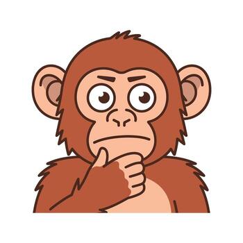 Contemplative Chimpanzee Cartoon Character with Thoughtful Expression and Hand on Chin on Transparent Backdrop vector
