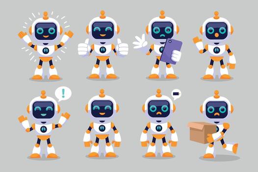 Cute Robot Character Set Illustration with Various Poses and Expressions for Design Projects vector