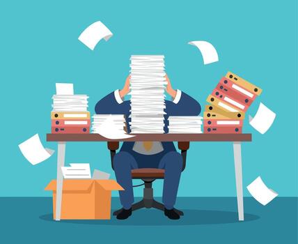 Overwhelmed Office Worker Buried Under Paperwork and Files at Desk in a Chaotic Workspace vector