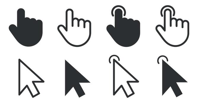 haciendo clic mano y flecha cursor íconos conjunto para usuario interfaz y sitio web navegación en formato vector