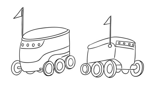 mano dibujado entrega robots con ruedas y banderas en un futurista, minimalista estilo. esta representa autónomo tecnología y urbano innovación en transporte vector