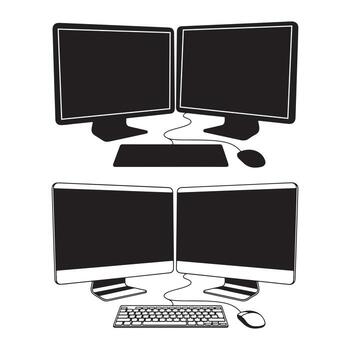 art of dual computer monitors setup with keyboard and mouse vector